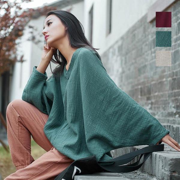 シャツ スウェット　レディース 綿麻 長袖 ブラウス トップス リネン 秋物 アウター Vネック ド...