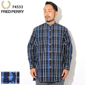 フレッドペリー シャツ 長袖 FRED PERRY メンズ バンド カラー オーバーサイズ 日本企画(F4533 Band Collar Oversized L/S Shirt トップス)｜icefield