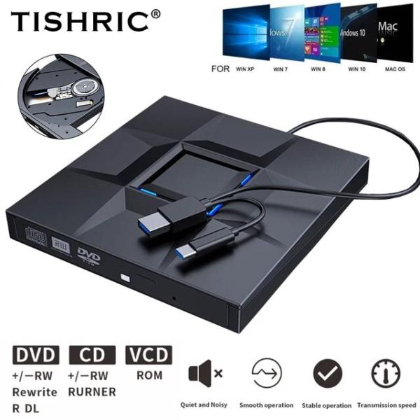 Tishic-外部CD DVDプレーヤー,USB Type C/3.0,rw CDライター,ドライブ...