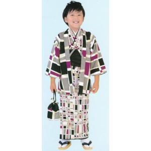子供着物 男児アンサンブル 7〜8才用 グレー地に黒格子柄 洗える着物