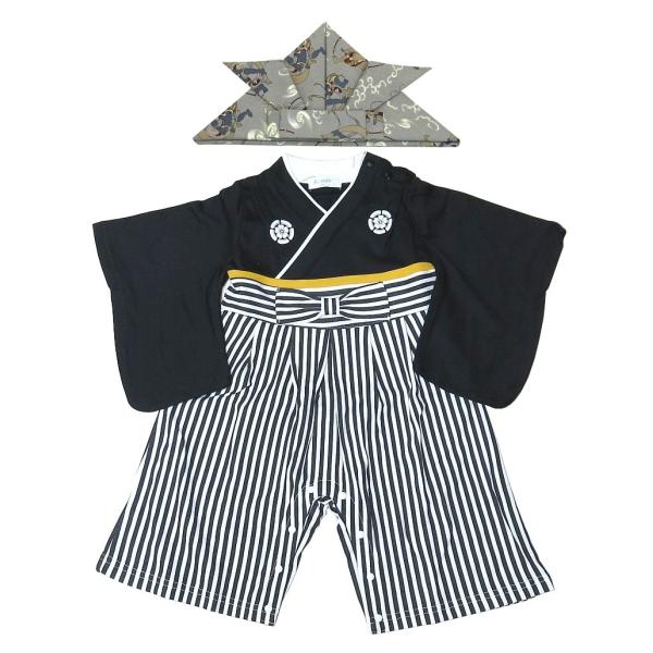 男の子 布兜付（風神雷神 灰色） 袴風ロンパース 80cm   初節句 着用 子供 赤ちゃん