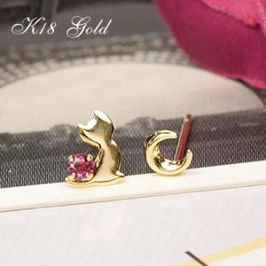 18金 ピアス 18k K18 猫 三日月 プチピアス スタッドピアス ピンクトルマリン 10月 誕...