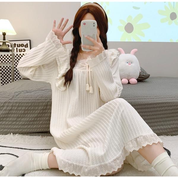 ネグリジェ 春秋 ワンピース 白レースリボン ネグリジェ ロング ルームウェア レディース 姫 ナイ...