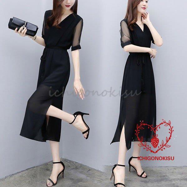 ワンピース レディース きれいめ 40代 夏 膝丈ワンピース 半袖 無地 Vネック シフォンワンピー...