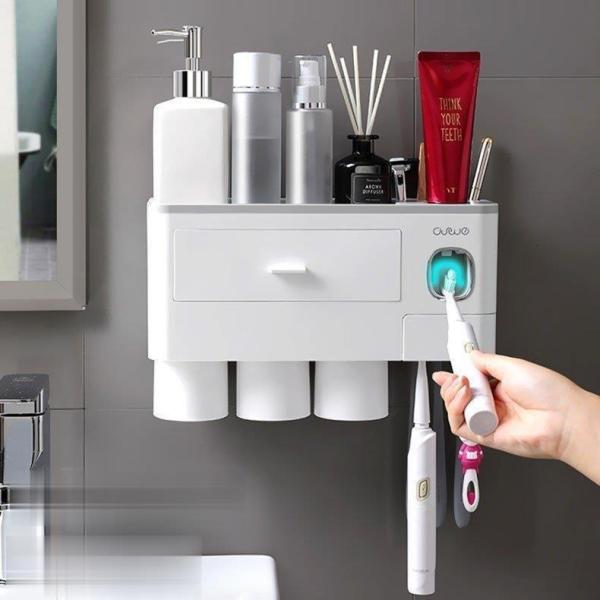 歯ブラシスタンド 歯磨きコップ ホルダー 洗面台収納 一台多役 歯磨き粉ホルダー バスルーム収納 自...
