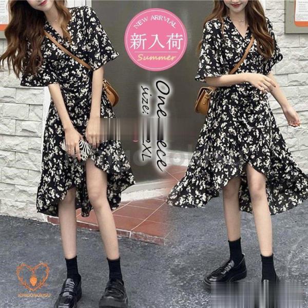 ワンピース レディース 40代 きれいめ 膝丈ワンピース 春夏 半袖ワンピース 花柄Vネック シフォ...