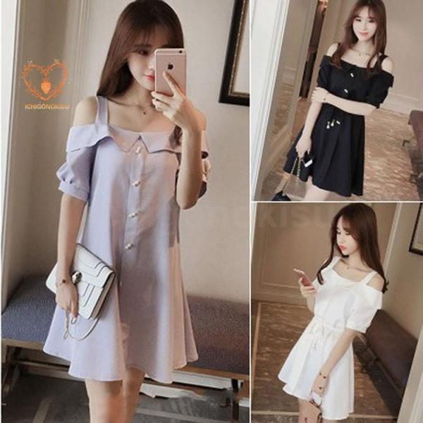 ワンピース レディース 膝丈 ワンピース 春 半袖 シフォンワンピース 肩出し 無地 韓国風 Aライ...