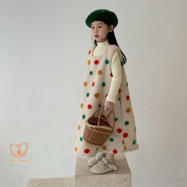 ワンピース キッズ 子供服 女の子 袖なしフロック虹色ドット柄ワンピース ベビー服 春秋冬 フォーマ...