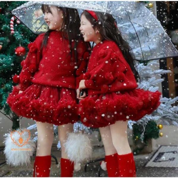 クリスマスセーター 子供服　レッド 秋冬 毛玉付き女の子ニットセーター　チュチュスカート　キラキラス...