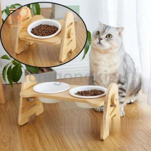 フードボウル 猫食器 猫用 フードボウルスタンド ペット用 食器 キャット 竹製 陶器 台付き小型犬用 高さ調節可能 傾斜 餌やり 2連 2皿 3皿 ペット食器｜ichigonokisu