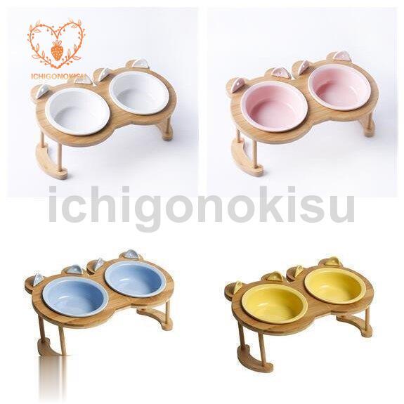 フードボウル 食器 猫用 犬用 フードボウルスタンド 竹製 陶器 台付き 猫食器 キャット ペット用...