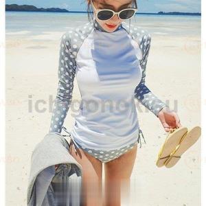 水着レディース 体型カバー 水着 長袖 ドット柄  2点セット ショートパンツサロペット水着 バンドゥ 水着 韓国風 40代 可愛い スイムウェア ママ水着