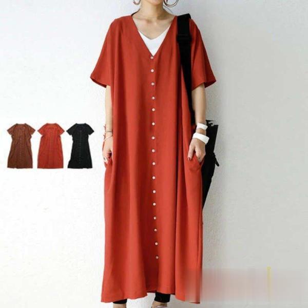 ワンピース レディース シャツワンピース 半袖 七分袖 5分袖 パフスリーブ vネック Aライン ロ...