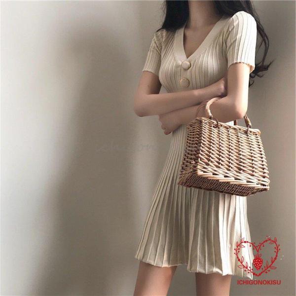 ミニ丈ワンピース 半袖 春夏 無地ワンピース レディース Vネック ニットスワンピース タイト プリ...