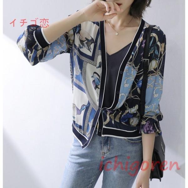 uvカットカーディガン レディース 春夏秋 薄手 シフォンカーディガン 花プリント ショット丈シャツ...