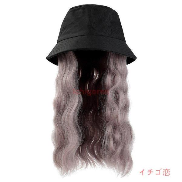 アッシュパープル ウィッグ ウェーブ セミロング 帽子付き ハットウィッグ バイオレット かわいい ...