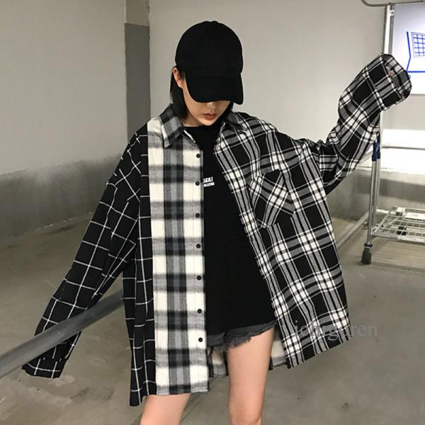 ビッグ チェックシャツ レディース クレイジーパターン オーバーサイズ 韓国 ファッション オルチャ...