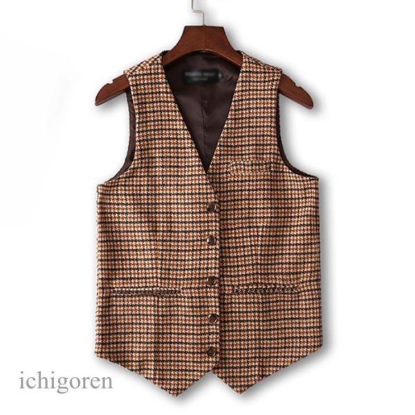 メンズ ジレベスト 春 秋 冬 チェック柄 レトロ 紳士的 ブラウン系 ポケット付き 前開き Vネッ...