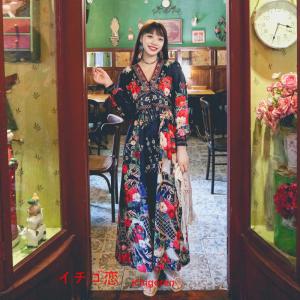 爆買マキシワンピース レディース ロング丈 大人 ワンピ 花柄 夏秋 vネック カジュアル 着やせ きれいめ 撮影 パーティー 二次会 ゆったり 夏秋服 通気