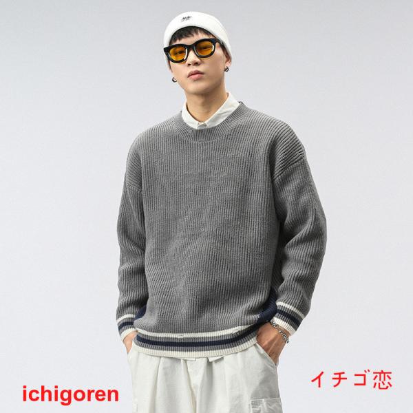 ニットセーター メンズ クルーネック 長袖 ニット ダメージ加工 トップス 裾ライン ニットソー カ...