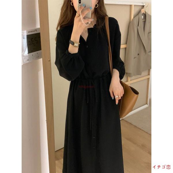 シャツワンピース レディース 40代 きれいめ マキシワンピース 秋服 長袖ワンピース 黒Vネック ...