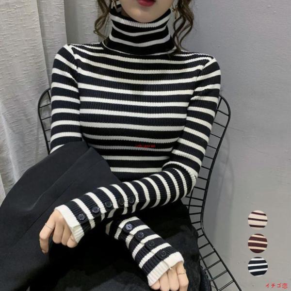 ボーダー柄ニットトップス タートルネック
