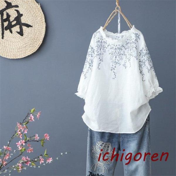 チュニック 春 ブラウス シャツ 半袖 レディース プルオーバー ブラウス ロングシャツ 夏 刺繍 ...