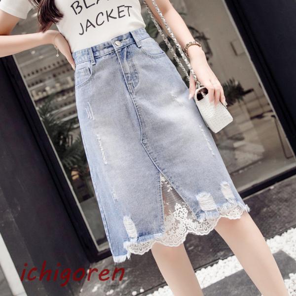 大きいサイズ レディース デニムスカート Ａライン 切り替え 薄手 レース リメイク風 夏 ブルー ...