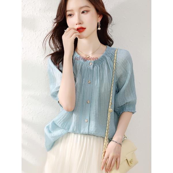ブラウス レディース 半袖ブラウス 春夏 オフィスブラウス ブルー オシャレブラウス シフォントップ...