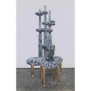 島田紘一呂 「ミッドナイトタウン「蝙蝠」」 木彫(H220×W120×D150cm）　額付き