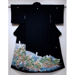 アンティーク着物 振袖 お引きずり ヱ霞 鶴 松 藤 菊 御所車 黒引き 