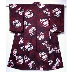 アンティーク着物 訪問着 単衣 楓 紅葉 竜田川 刺繍紋 橋 ベージュ