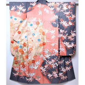 アンティーク着物 振袖 お引きずり ヱ霞 鶴 松 藤 菊 御所車 黒引き