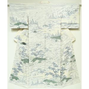 6188◆アンティーク着物単正絹絽　ブルーグレー　白黒雲波　秋草　萩丸紋　レトロ アンティーク着物 夏小紋 絽 撫子の丸紋 萩の丸紋 波 レトロ 大正