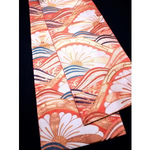 アンティークお買い得❗着物帯(袋帯) アンティーク帯 袋帯 絽 夏帯 水車 波 ピンク 刺繍 豪華 : 壱の蔵