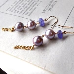 K18YG K10YG 天然 あこや真珠 伊勢志摩産 パール タンザナイト原石 ピアス カチ割り ロ...