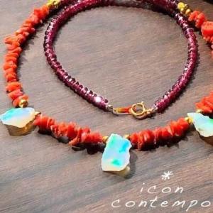 オパール原石 赤珊瑚胡渡 ネックレス 大粒 天然色枝 バーガンディパープルレッドロードライトガーネッ...