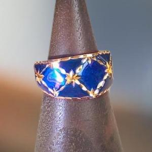 K14YG ロイヤルブルー エナメル ダイヤモンドカット リング 幾何学花火 ギンガムチェック 14...