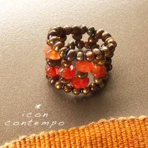 オレンジカルセドニー カーネリアン 淡水パール リング 編み込み オレンジ 指輪 ストレッチ 3連