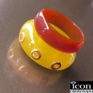 K14YG イエロー翡翠 シトリン くりぬき リング 2本セット アゲート レッドマホガニーブラウン...