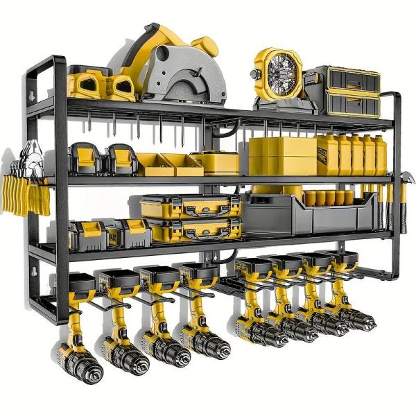 収納ラック パワーツールボックス 壁掛けドリルラック8台付き 4段ガレージツールオーガナイザー ドラ...
