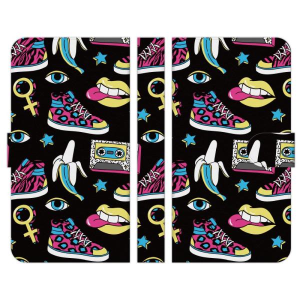 手帳型 マルチ スマホ ケース カバー イラスト 原宿系 80s ファッション ブラック ポップ 原...