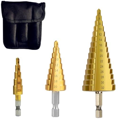 ステップドリル 六角軸 3本セット 4-32mm15段 4-20mm9段 4-12mm5段 チタンコ...