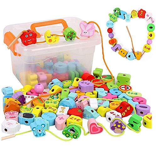 ひもとおし 紐通しおもちゃ 106個大容量 収納ケース付き 4in1 知育玩具 木製 指先訓練 絵柄...