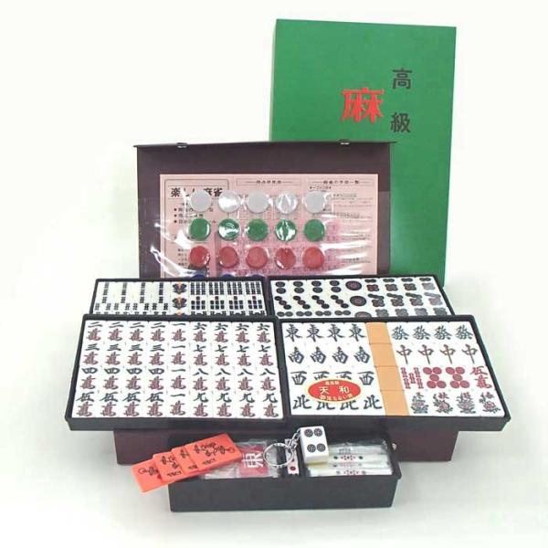 国産手打麻雀牌セット　囲碁ラボオリジナル牌ストラップ付　【アール牌】天和（黄）白点棒付　