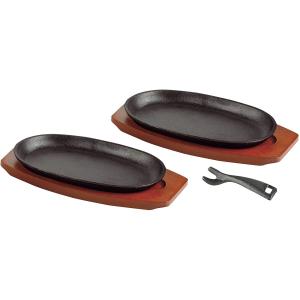 パール金属 HB-6213 ステーキ皿 鉄板 23cm×13cm 小判型 2枚組 ハンドル付 木製 プレート 2枚組 鉄鋳物製