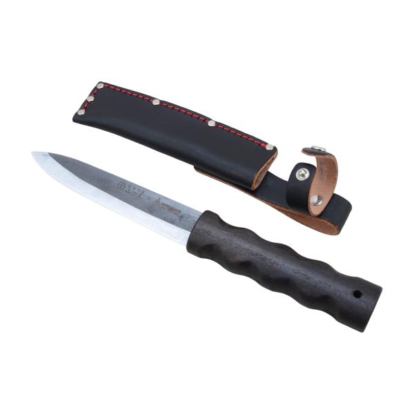 山人＋PTYGRACEコラボ 万能キャンプナイフ 135mm サビ止め油付 革ケース付 天然木ハンド...