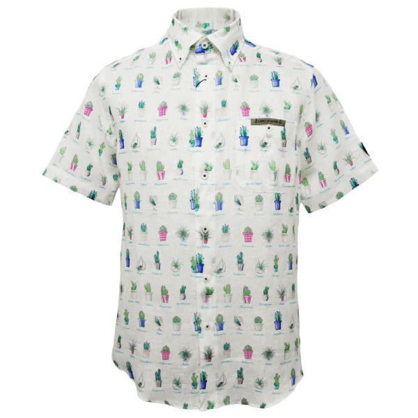 50%OFF  春夏 シナコバ 麻のサボテン柄 半袖ボタンダウンシャツ(M、L、LL) SH*012...