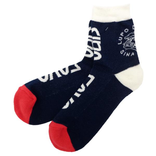 シナコバ 綿×麻 キャプテン×ロゴ柄の底が厚い ロークルーソックス (紺) GD*012517742...