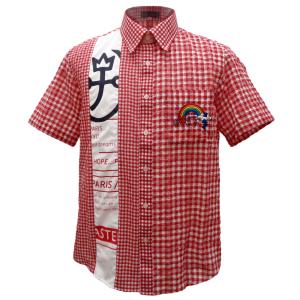 50%OFF 春夏 カステルバジャック 薄手チェック切り替え 半袖BDシャツ (アカ) (M)(L)(LL) SH*02721322610980